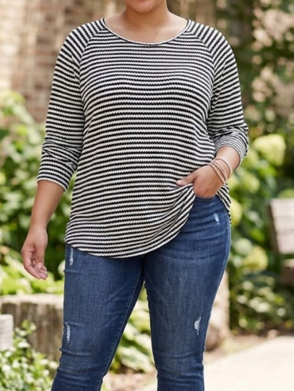 Torrid 3X Black White Striped Waffle Knit Raglan Long Sleeve Sweater Hi-Lo Top